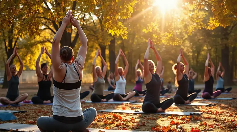 Group in a seated yoga pose outdoors among autumn leaves in low sunlight (illustrative image)