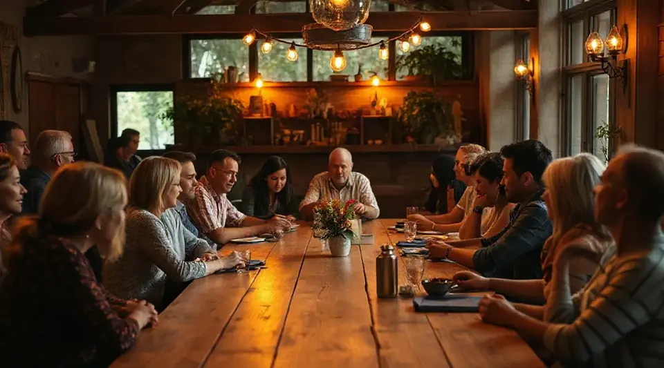 People seated around a long wooden table in a warmly lit room, in conversation (illustrative image)