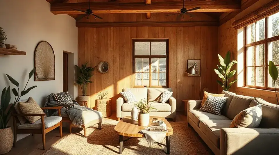 Lounge with wood-panelled walls, a sofa, armchairs and potted plants in warm daylight (illustrative image)