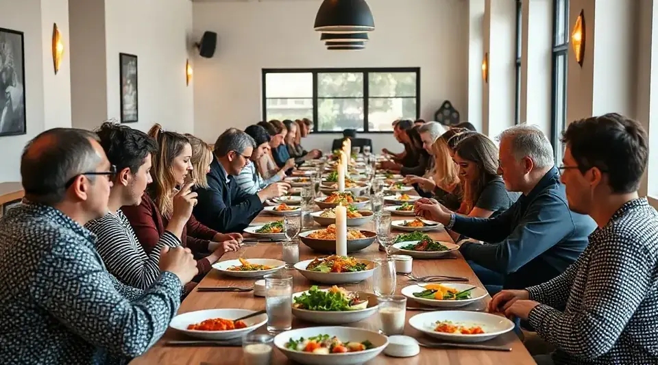 Group of people sharing plates of food at a long communal table (illustrative image)