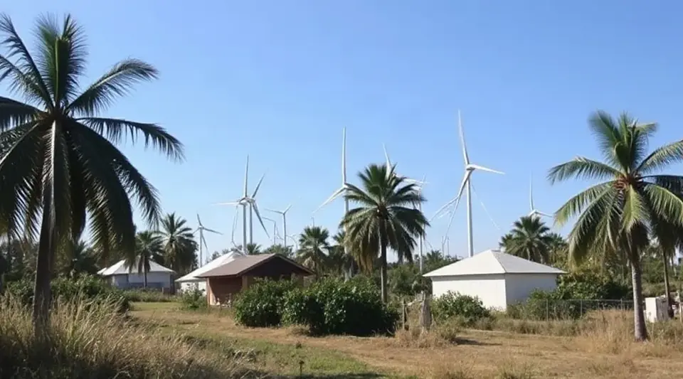 Palm trees and small wind turbines beside low houses under a clear sky (illustrative image)