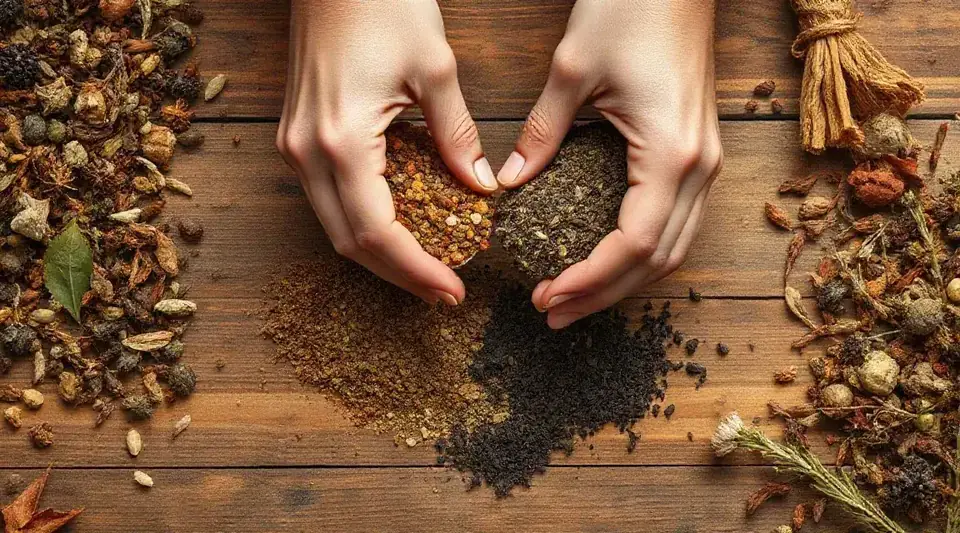 Hands holding a pinch of dried herbs over a wooden table scattered with tea ingredients (illustrative image)