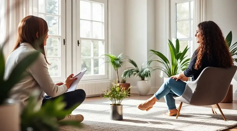 Two women talking in a bright room with large windows and houseplants (illustrative image)