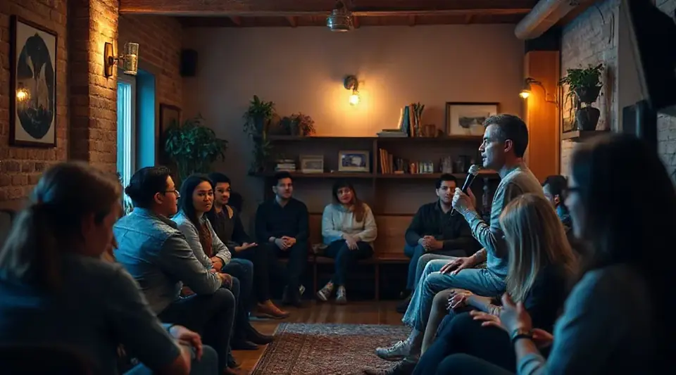 A speaker addressing a small seated audience in a brick-walled room (illustrative image)
