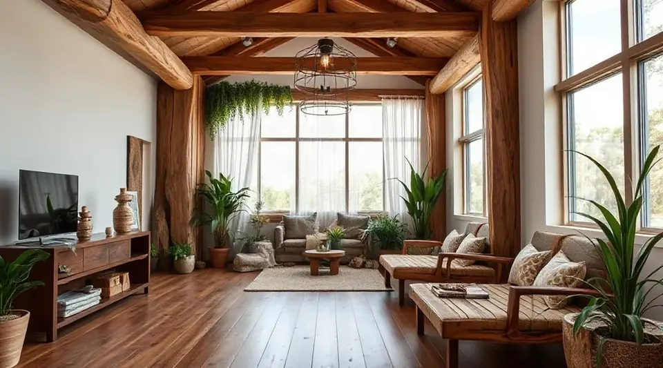 Lounge with exposed wooden beams, sofas, a TV cabinet and plants beside tall windows (illustrative image)