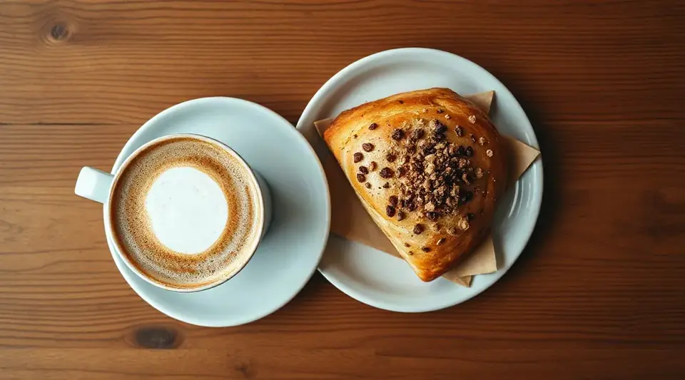 Latte and a pastry on a wooden table, seen from above (illustrative image)
