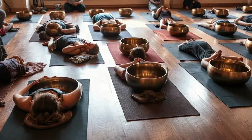 People lying on mats with metal singing bowls placed around them on a wooden floor (illustrative image)