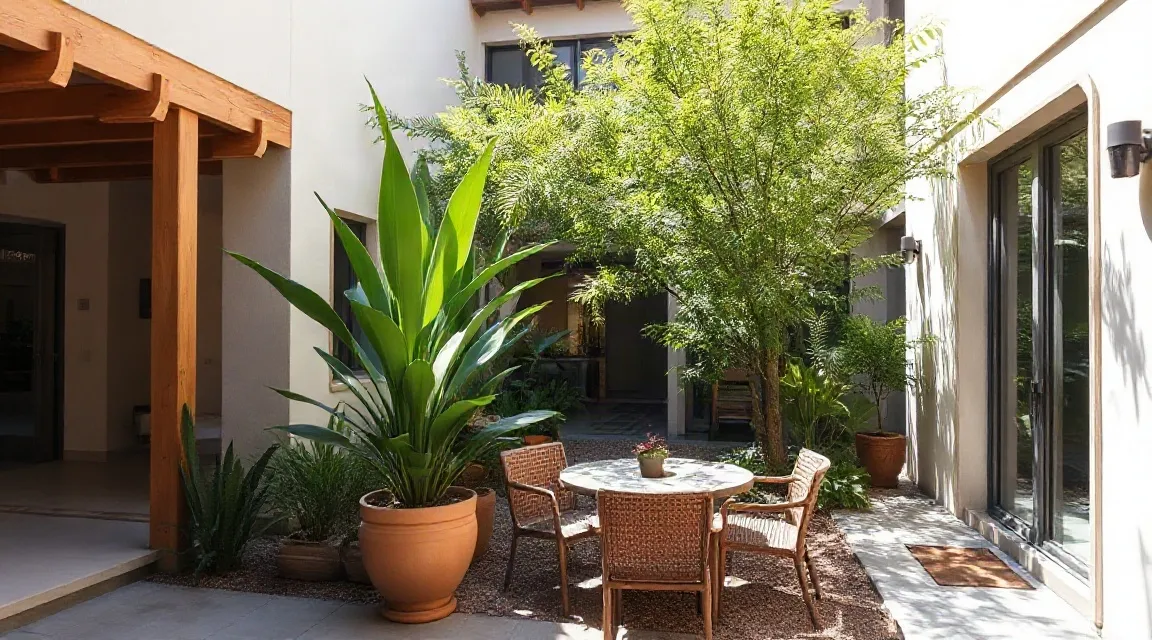 Sunlit indoor courtyard with large potted plants, a small tree and a wooden pergola (illustrative image)