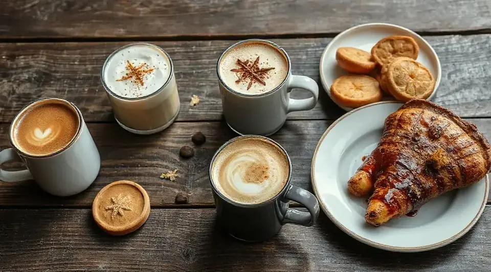 Cups of coffee and pastries on a dark rustic table (illustrative image)