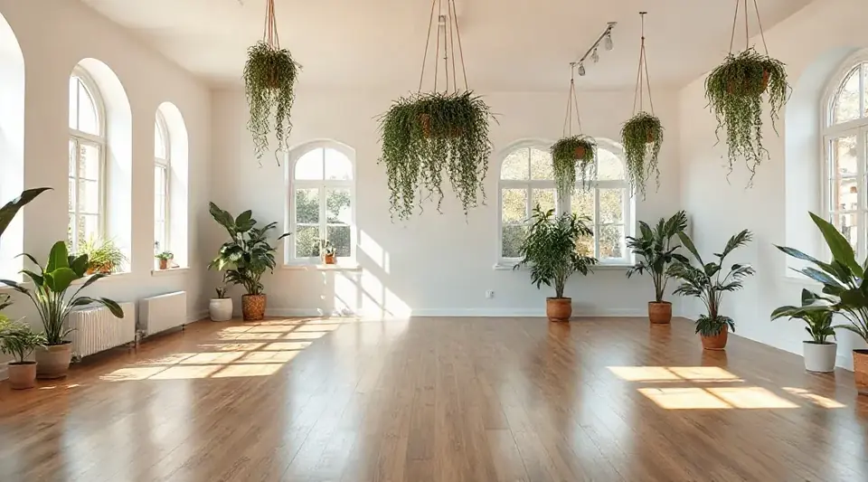 Empty bright yoga studio with a wooden floor, arched windows and hanging plants (illustrative image)